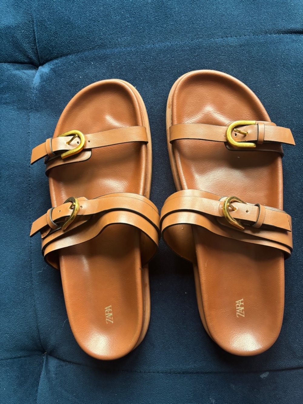 ZARA Brown double strap buckle sandals size 38 (US 7.5-8) minimal slides